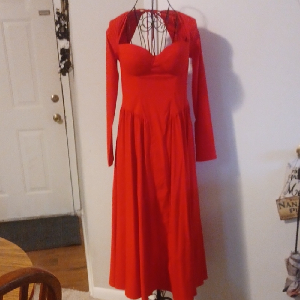 Red Long Sleeve Fit-and-Flare Dress